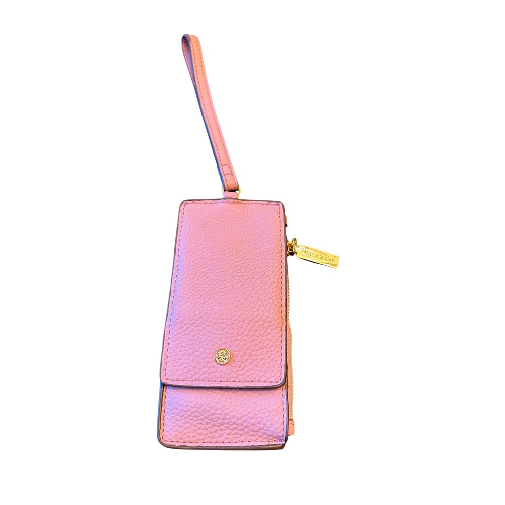 Anne Klein Wristlet Wallet Pink Pebbled Faux Leather ID Window Gold Hardware